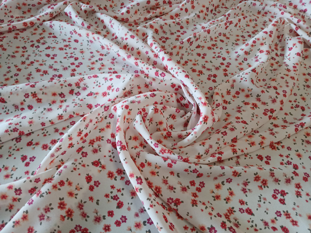 Ivory Floral Print 100% Polyester Wool Dobby Fabric – Red & Pink Flowers, 60” Wide