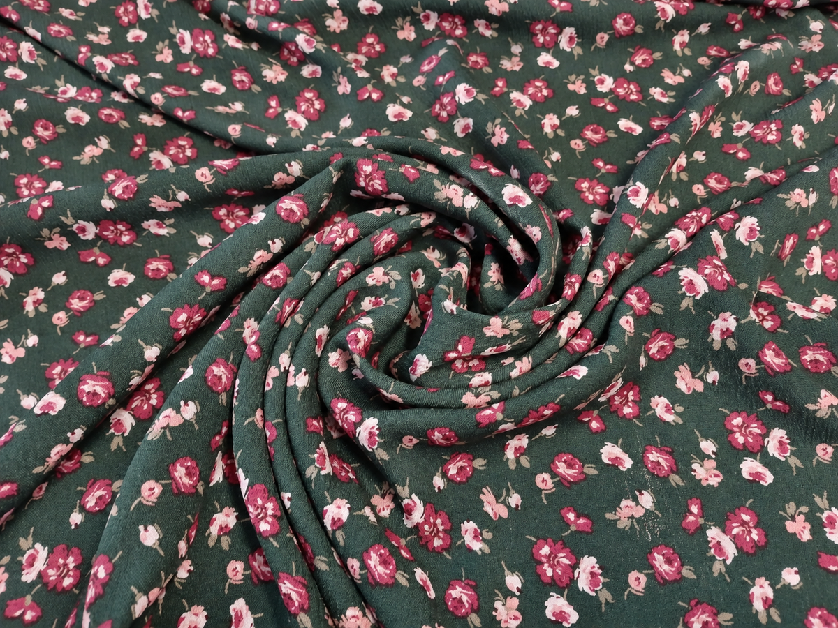 Hunter Green Floral Print 100% Rayon Crepe Woven Fabric – Red & White Flowers, 56” Wide