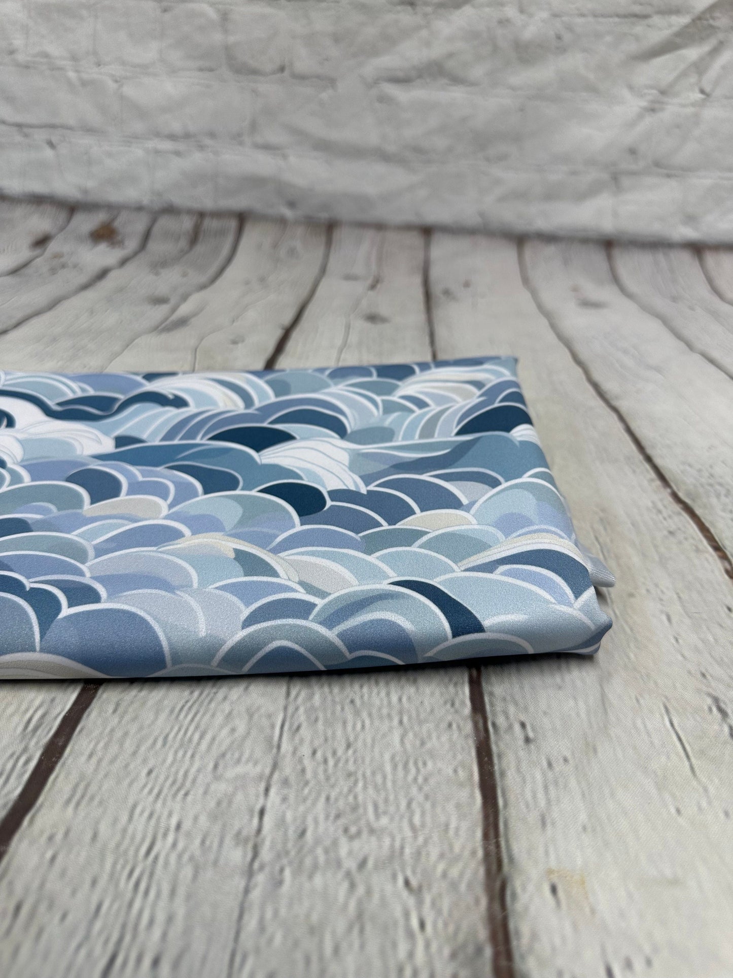 4 Way Stretch Print Spandex Fabric By The Yard Tricot Swim Wear Bikini Pastel Blue Navy Hazy Wave Water 280 GSM