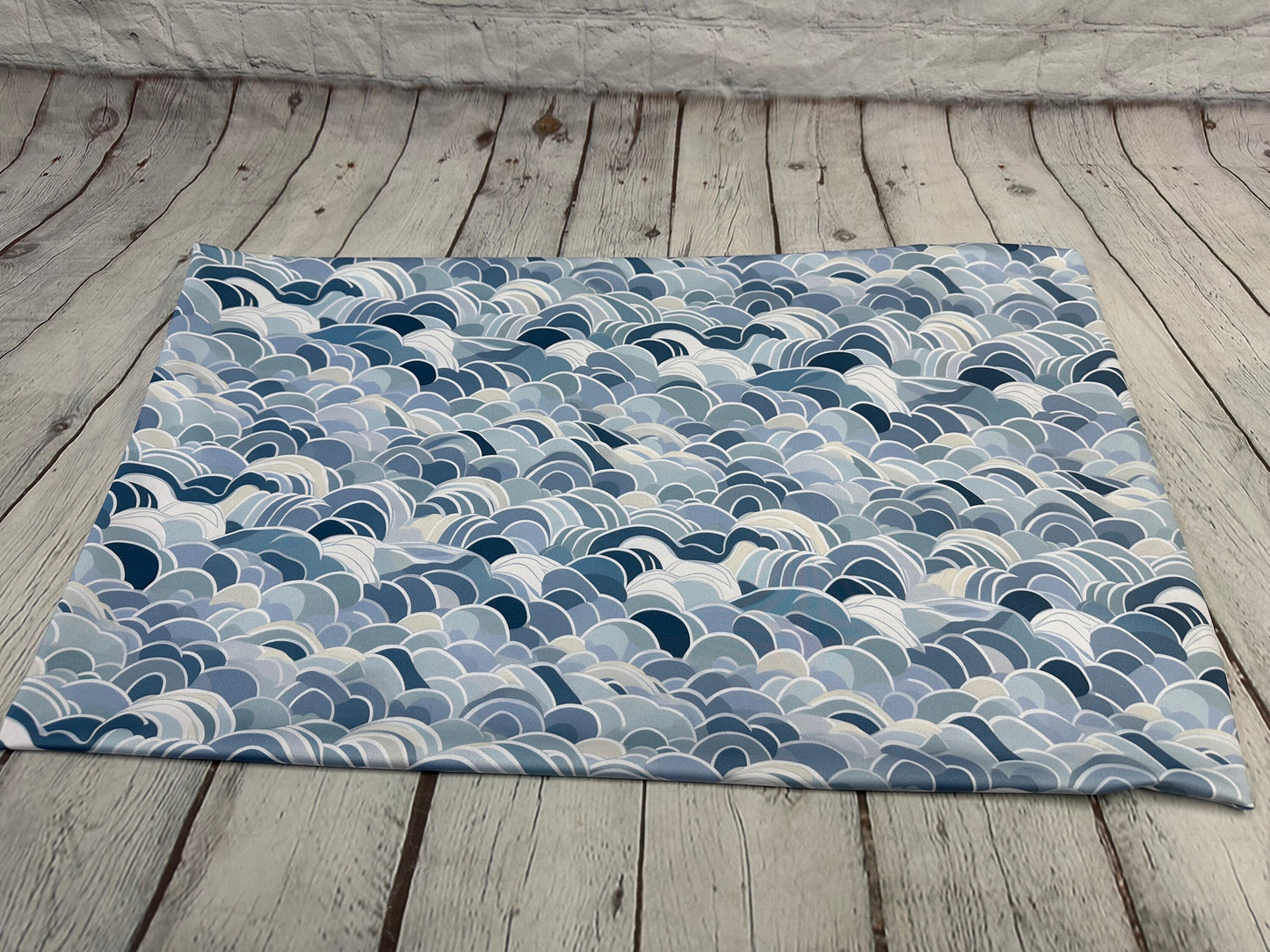 4 Way Stretch Print Spandex Fabric By The Yard Tricot Swim Wear Bikini Pastel Blue Navy Hazy Wave Water 280 GSM