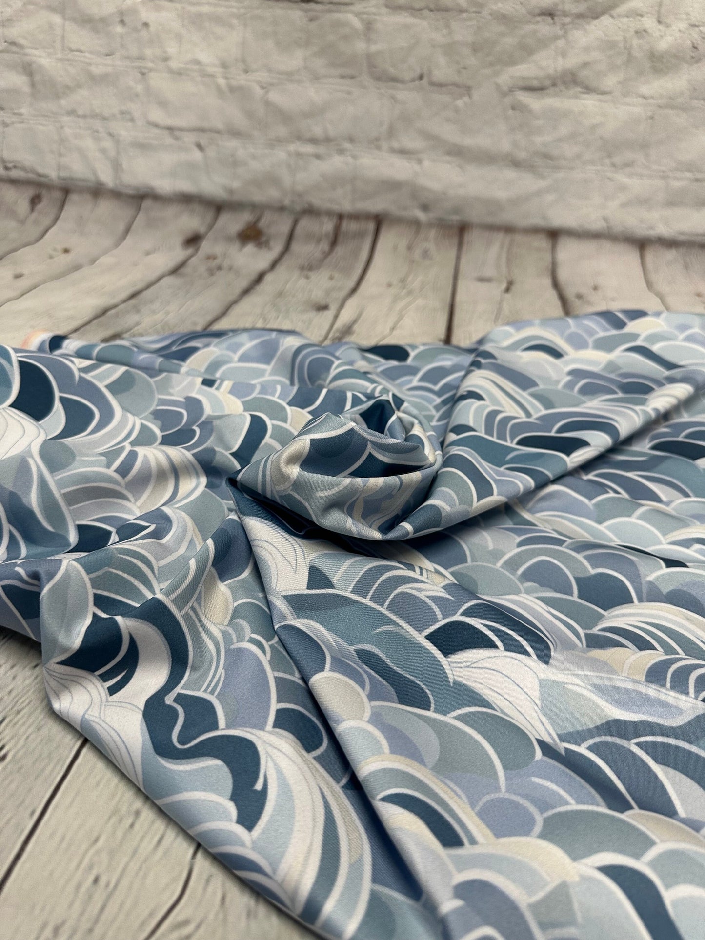 4 Way Stretch Print Spandex Fabric By The Yard Tricot Swim Wear Bikini Pastel Blue Navy Hazy Wave Water 280 GSM