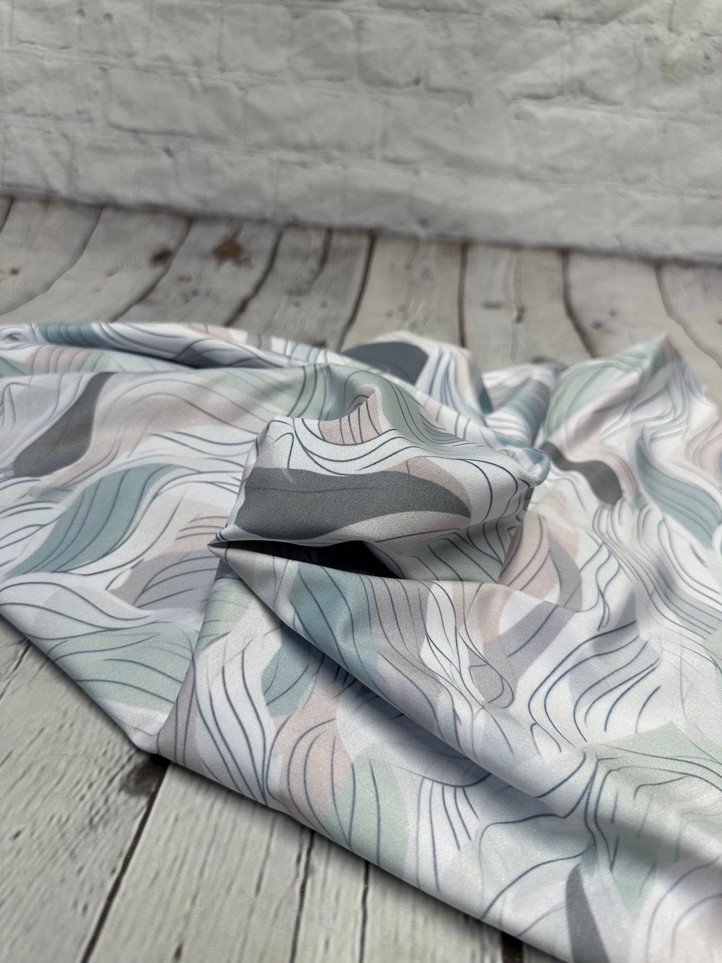 4 Way Stretch Print Spandex Fabric By The Yard Tricot Swim Wear Bikini Pastel Sage Hazy Wave Water 280 GSM