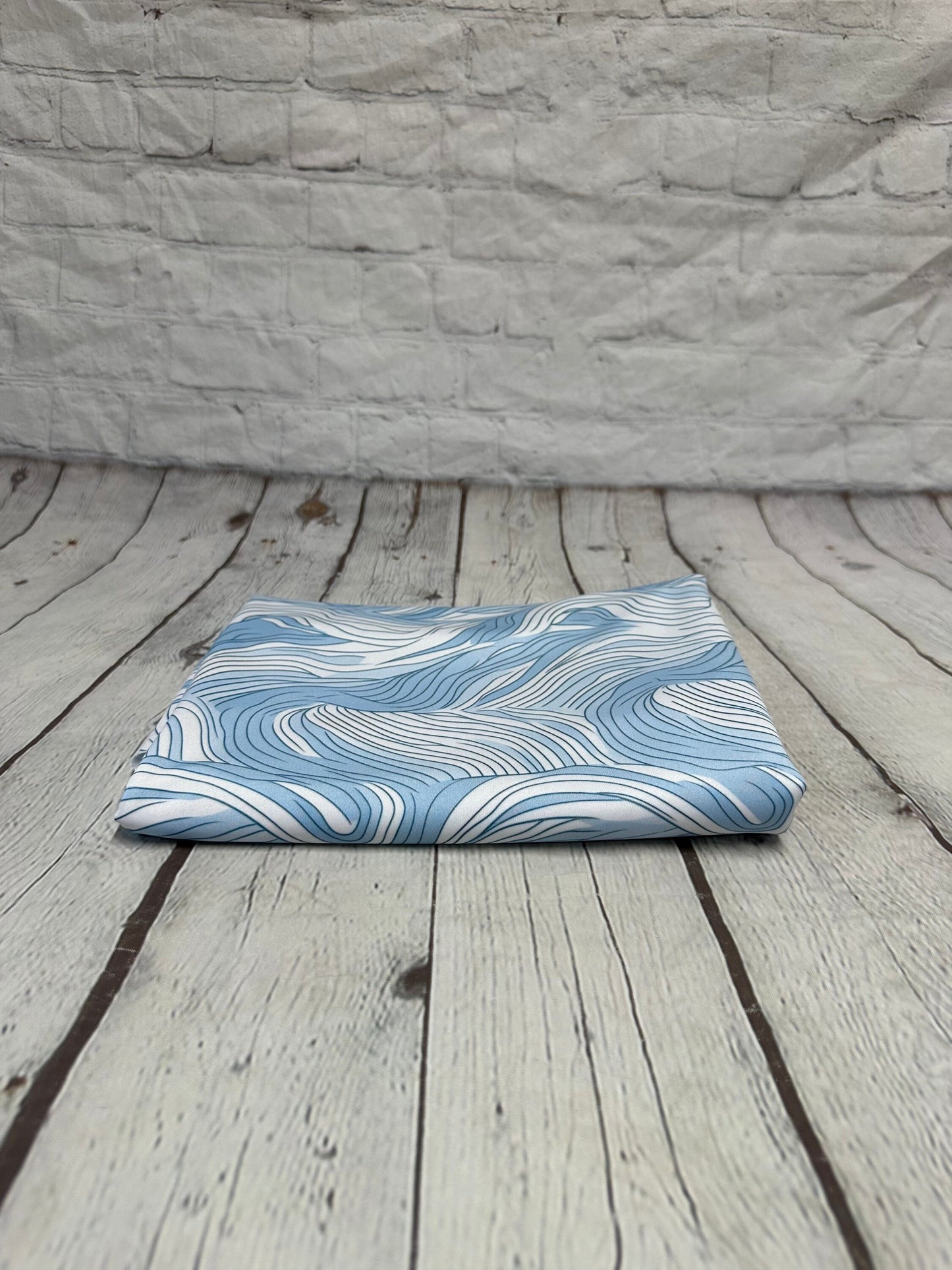 4 Way Stretch Print Spandex Fabric By The Yard Tricot Swim Wear Bikini Pastel Blue White Hazy Wave Water 280 GSM