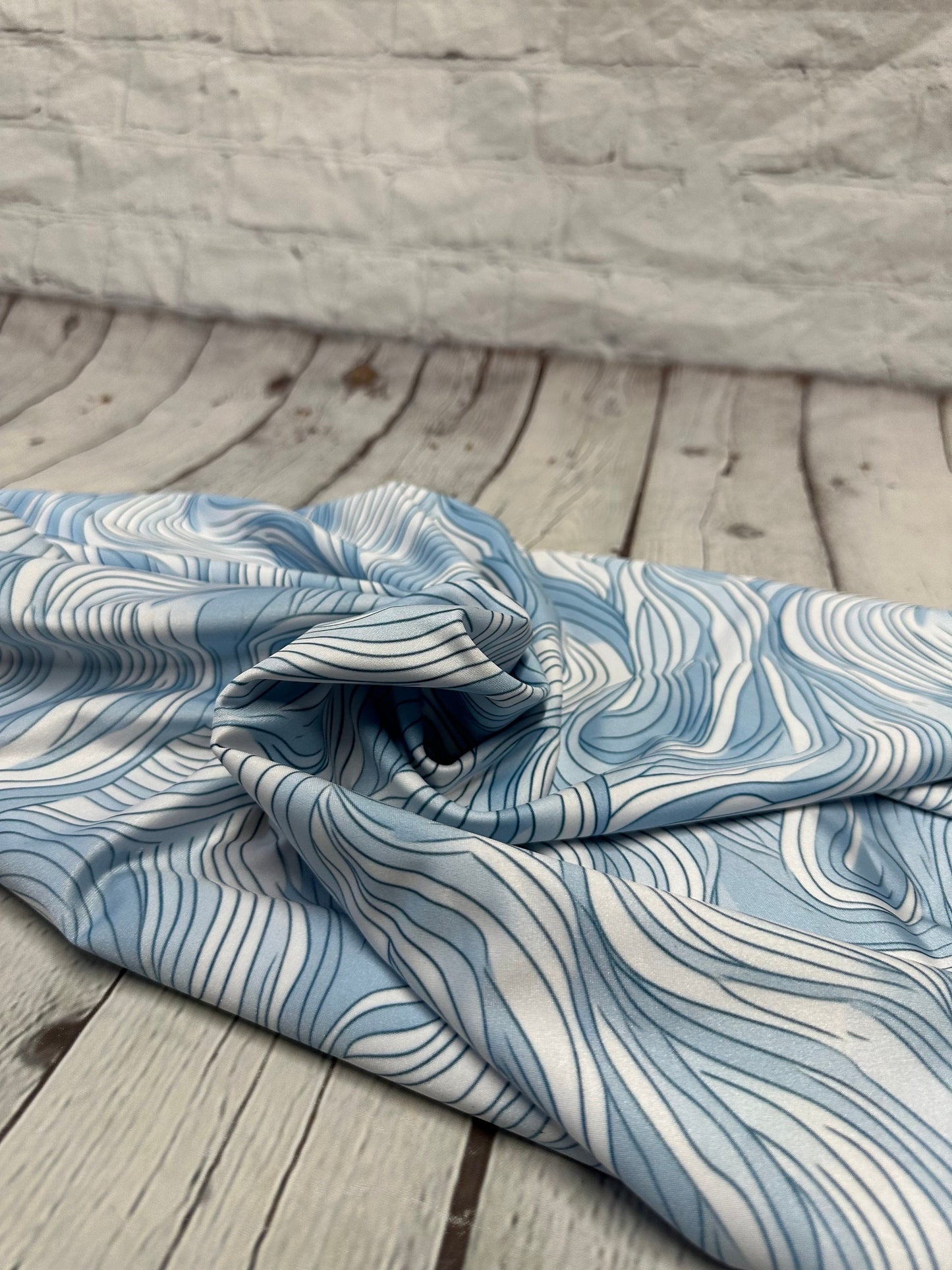 4 Way Stretch Print Spandex Fabric By The Yard Tricot Swim Wear Bikini Pastel Blue White Hazy Wave Water 280 GSM