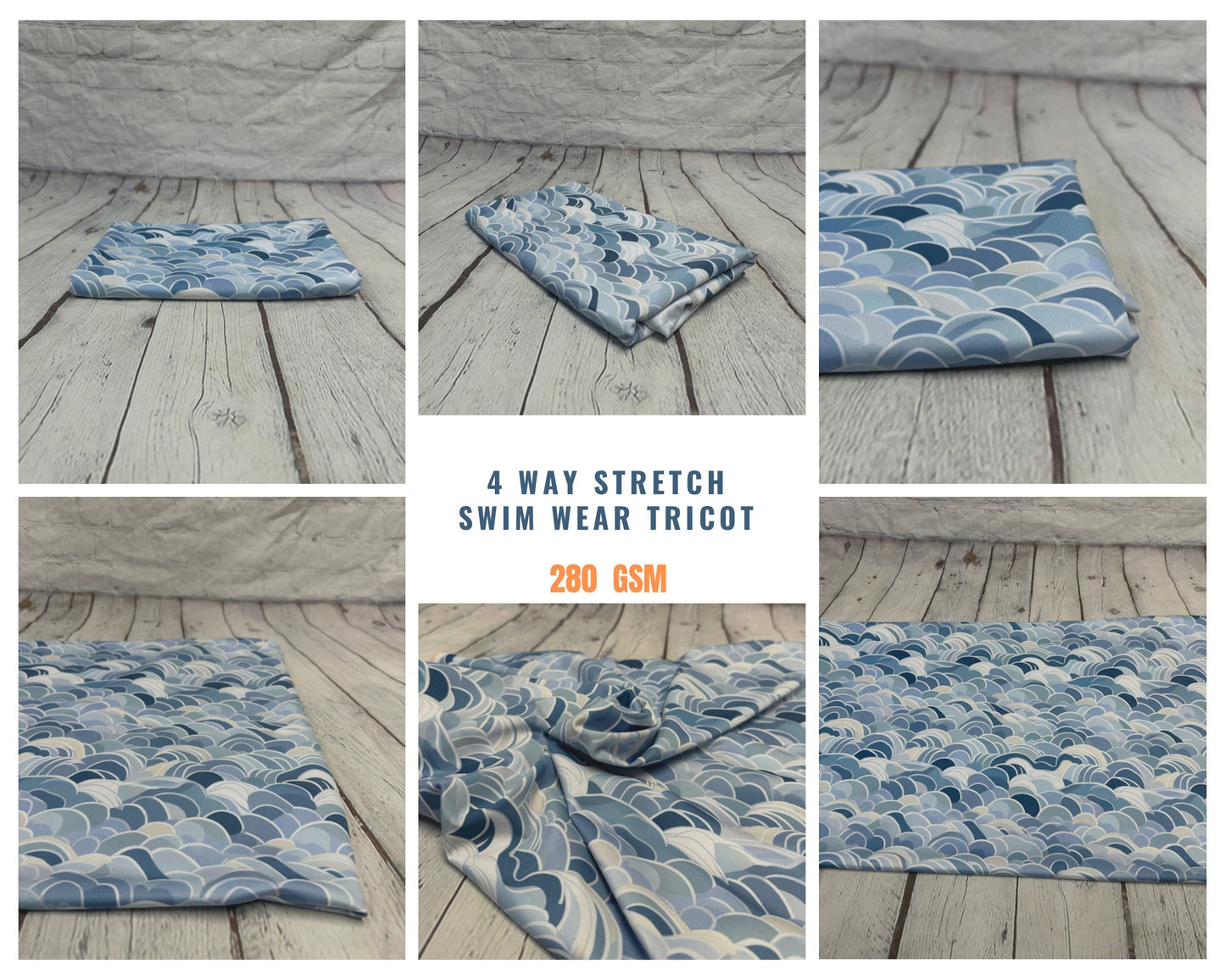 4 Way Stretch Print Spandex Fabric By The Yard Tricot Swim Wear Bikini Pastel Blue Navy Hazy Wave Water 280 GSM
