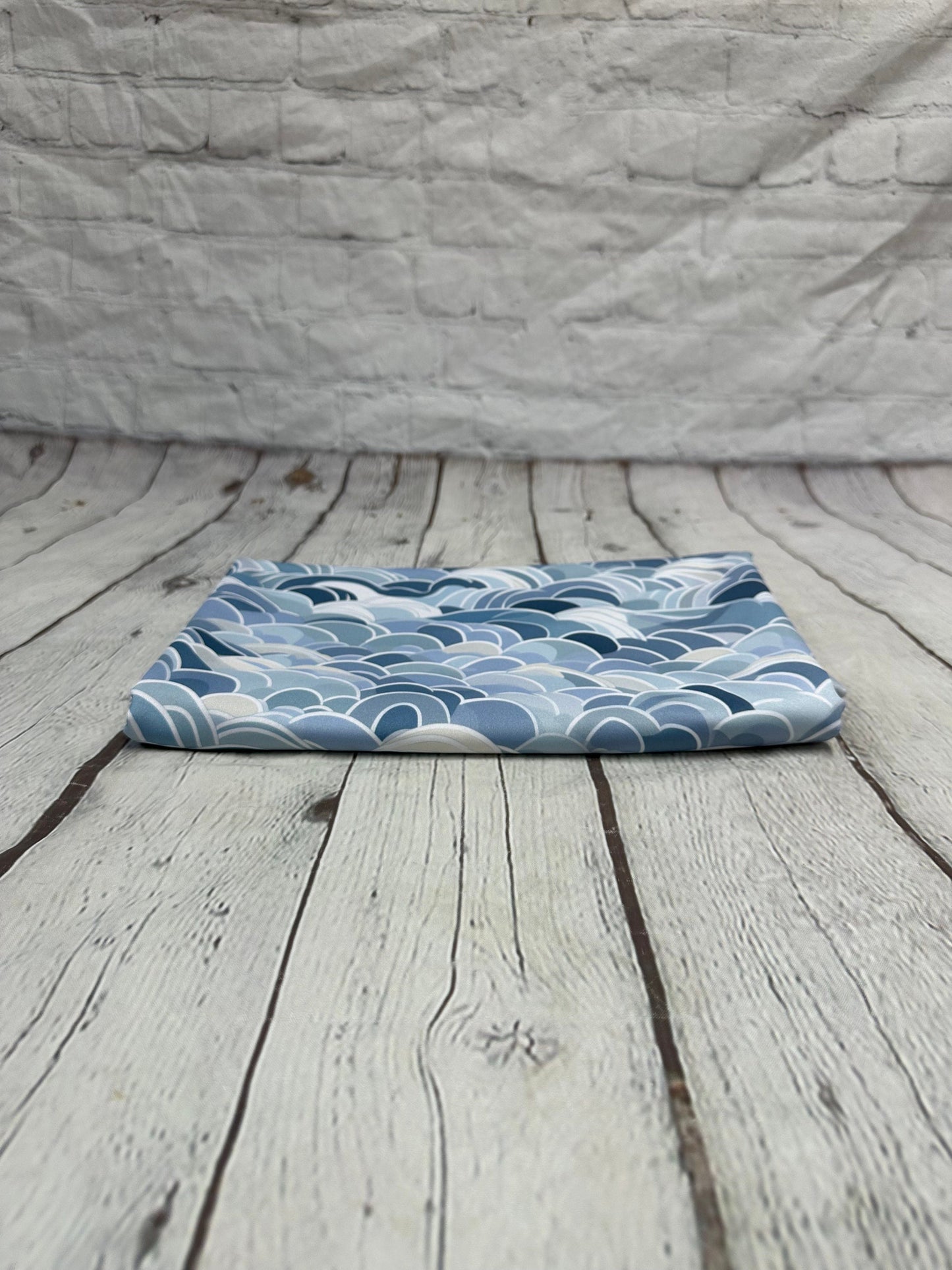 4 Way Stretch Print Spandex Fabric By The Yard Tricot Swim Wear Bikini Pastel Blue Navy Hazy Wave Water 280 GSM