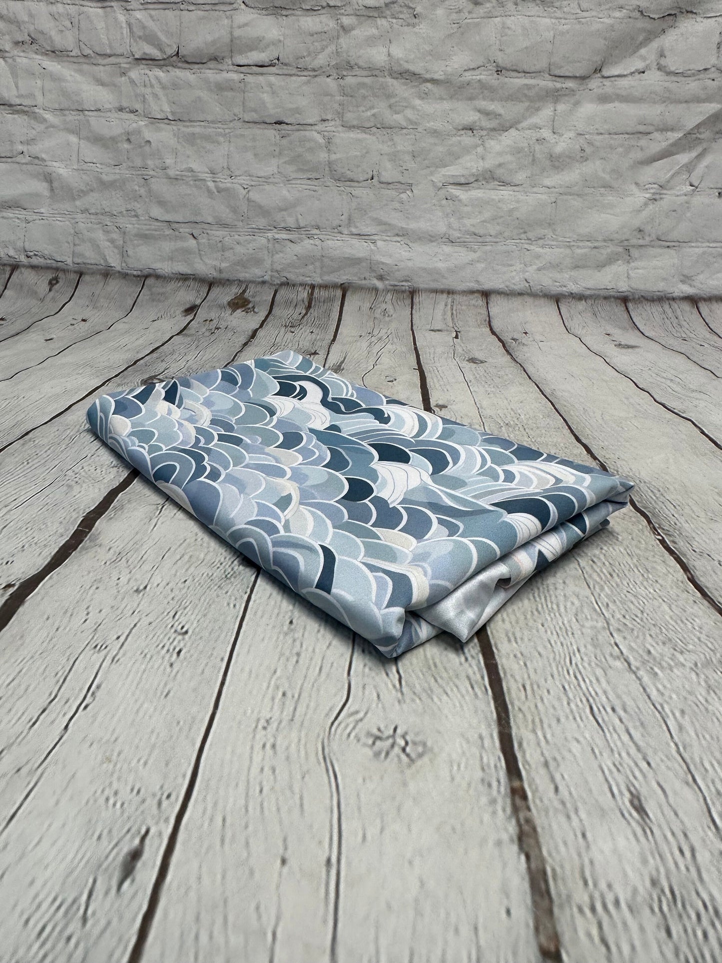 4 Way Stretch Print Spandex Fabric By The Yard Tricot Swim Wear Bikini Pastel Blue Navy Hazy Wave Water 280 GSM
