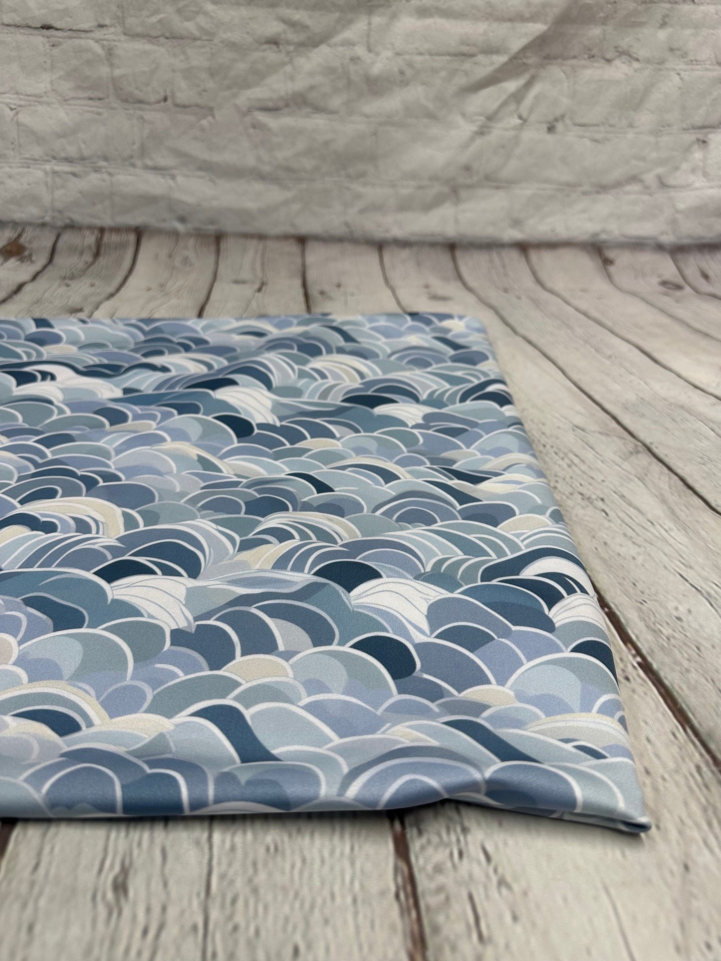 4 Way Stretch Print Spandex Fabric By The Yard Tricot Swim Wear Bikini Pastel Blue Navy Hazy Wave Water 280 GSM