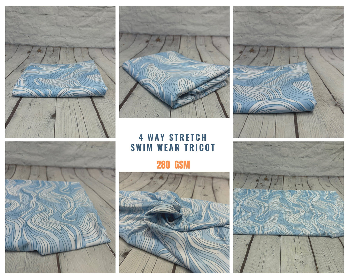 4 Way Stretch Print Spandex Fabric By The Yard Tricot Swim Wear Bikini Pastel Blue White Hazy Wave Water 280 GSM