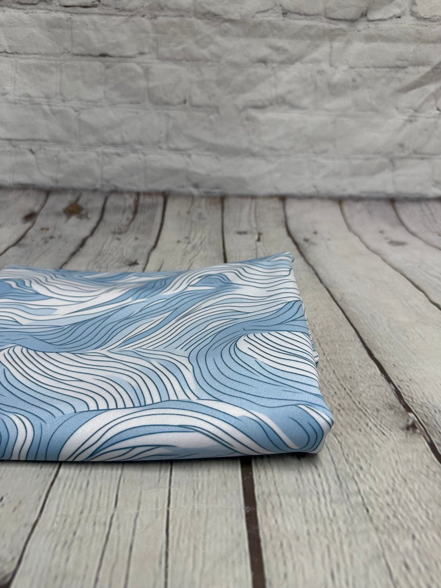 4 Way Stretch Print Spandex Fabric By The Yard Tricot Swim Wear Bikini Pastel Blue White Hazy Wave Water 280 GSM