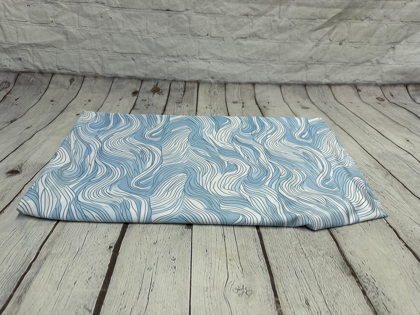 4 Way Stretch Print Spandex Fabric By The Yard Tricot Swim Wear Bikini Pastel Blue White Hazy Wave Water 280 GSM