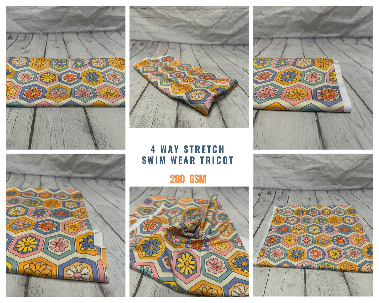 4 Way Stretch Print Spandex Fabric By The Yard Tricot Swim Wear Bikini Boho Hexagon Floral 70s Vinatge Print 280 GSM