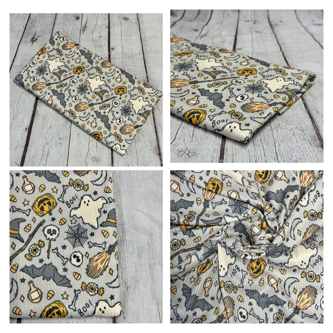 DBP 4x2 Rib Knit Halloween Print Bat Ghost Pumplin Broom Double Brushed Polyester Spandex Floral Fabric By The Yard