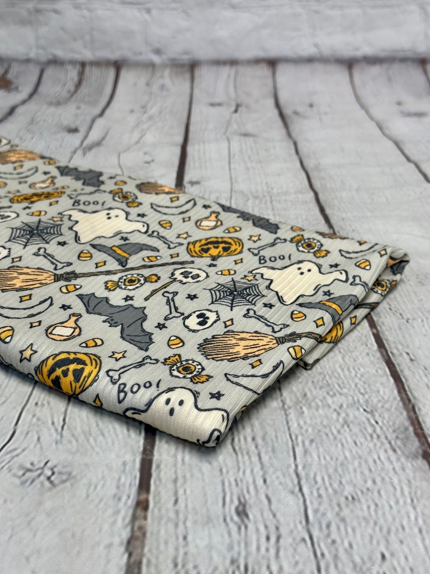 DBP 4x2 Rib Knit Halloween Print Bat Ghost Pumplin Broom Double Brushed Polyester Spandex Floral Fabric By The Yard