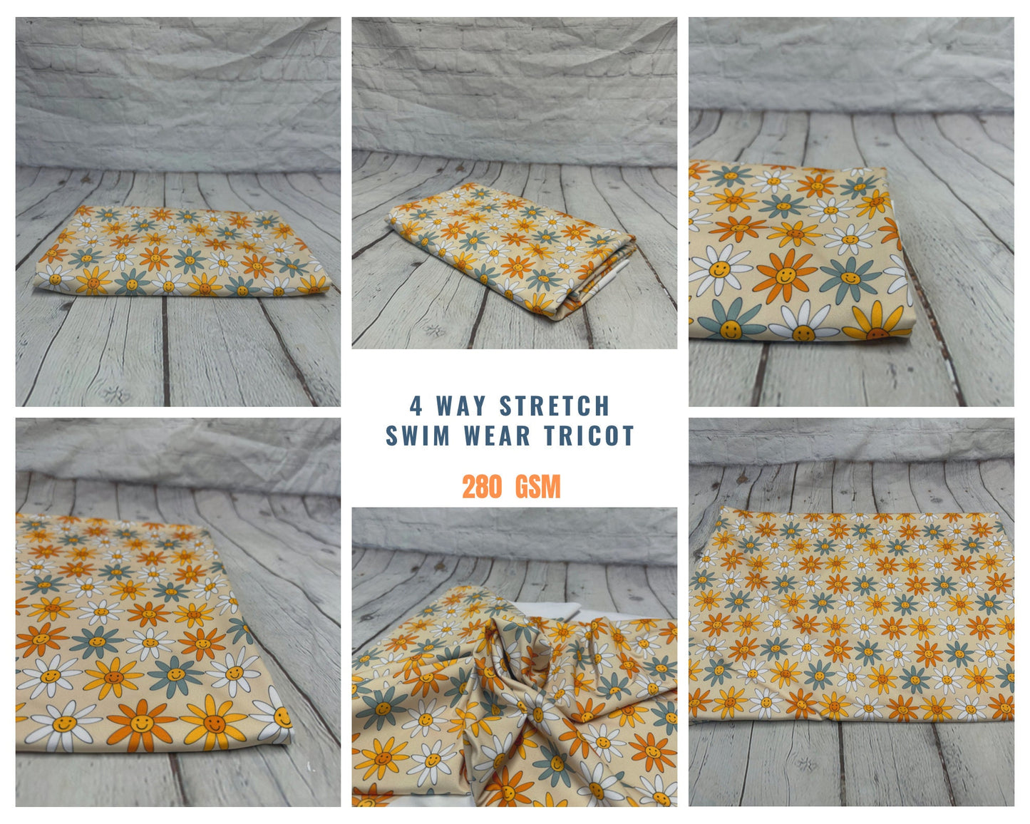 4 Way Stretch Print Spandex Fabric By The Yard Tricot Swim Wear Bikini Boho Neutral Floral Smiley Flower Print 280 GSM