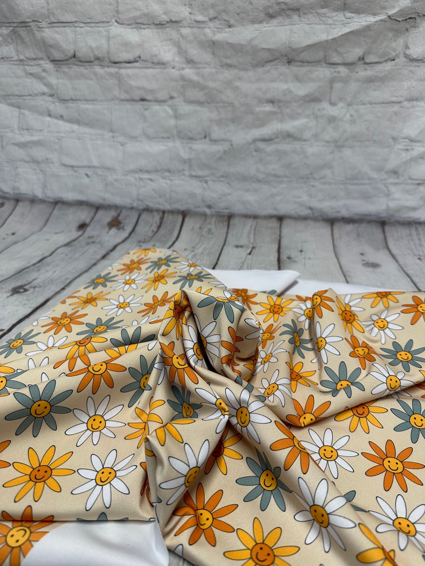 4 Way Stretch Print Spandex Fabric By The Yard Tricot Swim Wear Bikini Boho Neutral Floral Smiley Flower Print 280 GSM