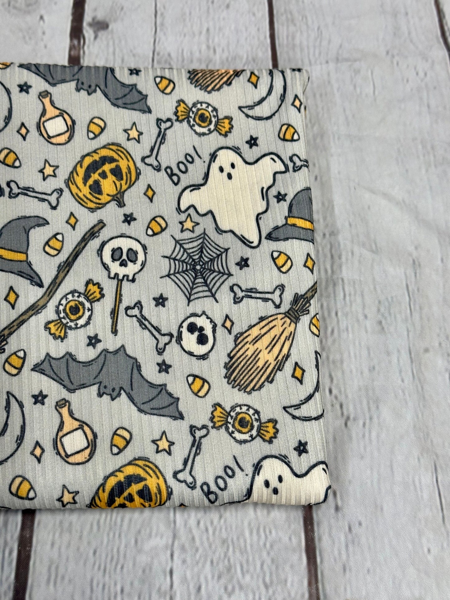 DBP 4x2 Rib Knit Halloween Print Bat Ghost Pumplin Broom Double Brushed Polyester Spandex Floral Fabric By The Yard
