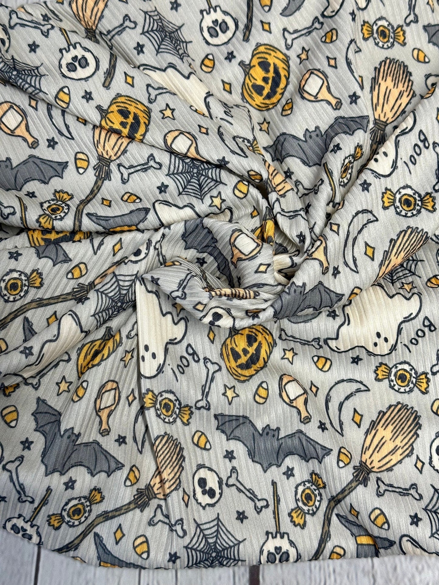 DBP 4x2 Rib Knit Halloween Print Bat Ghost Pumplin Broom Double Brushed Polyester Spandex Floral Fabric By The Yard