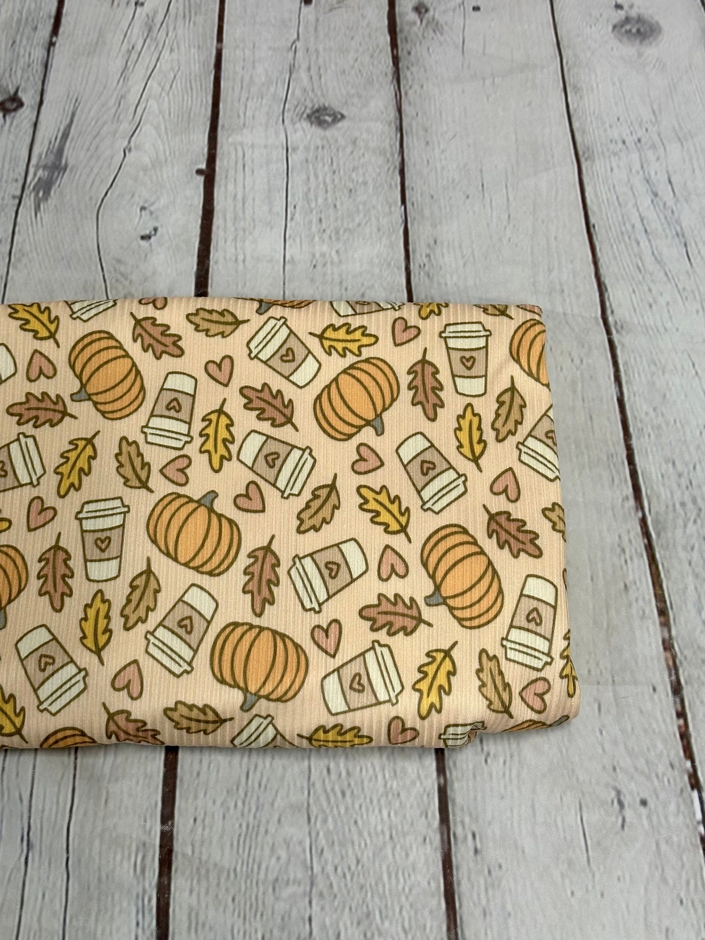 DBP 4x2 Rib Knit Halloween Print Pumpkin Latte Fall Leaves Spooky Brushed Polyester Spandex Floral Fabric By The Yard