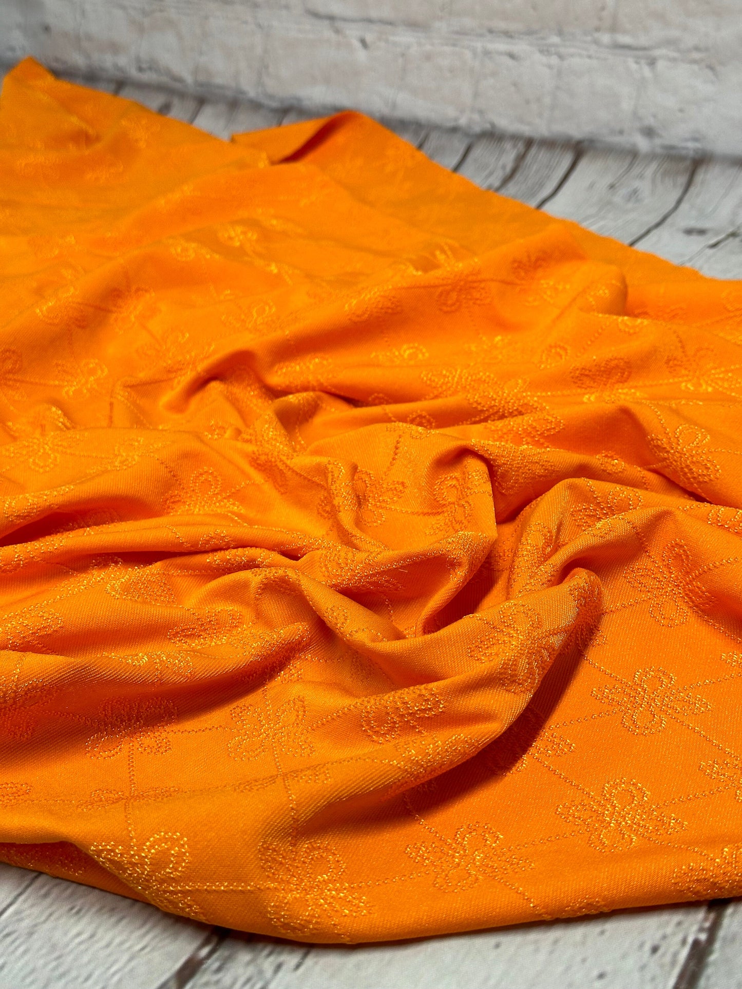 4 Way Stretch Print Nylon Spandex Fabric By The Yard Tricot Swim Wear Bikini Active Wear Embroidered Texture Eyelet Orange embossed