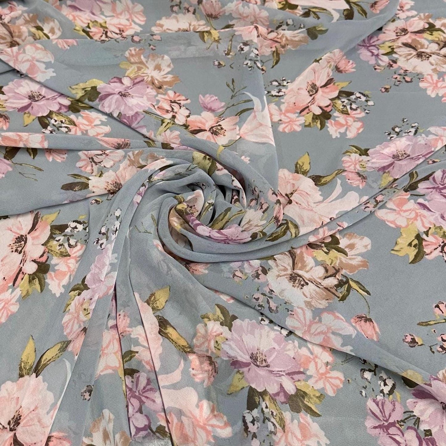 Polyester Chiffon Woven Print Fabric By The Yard Denim Blue Flower Summer Floral Print Summer Flowy Dress