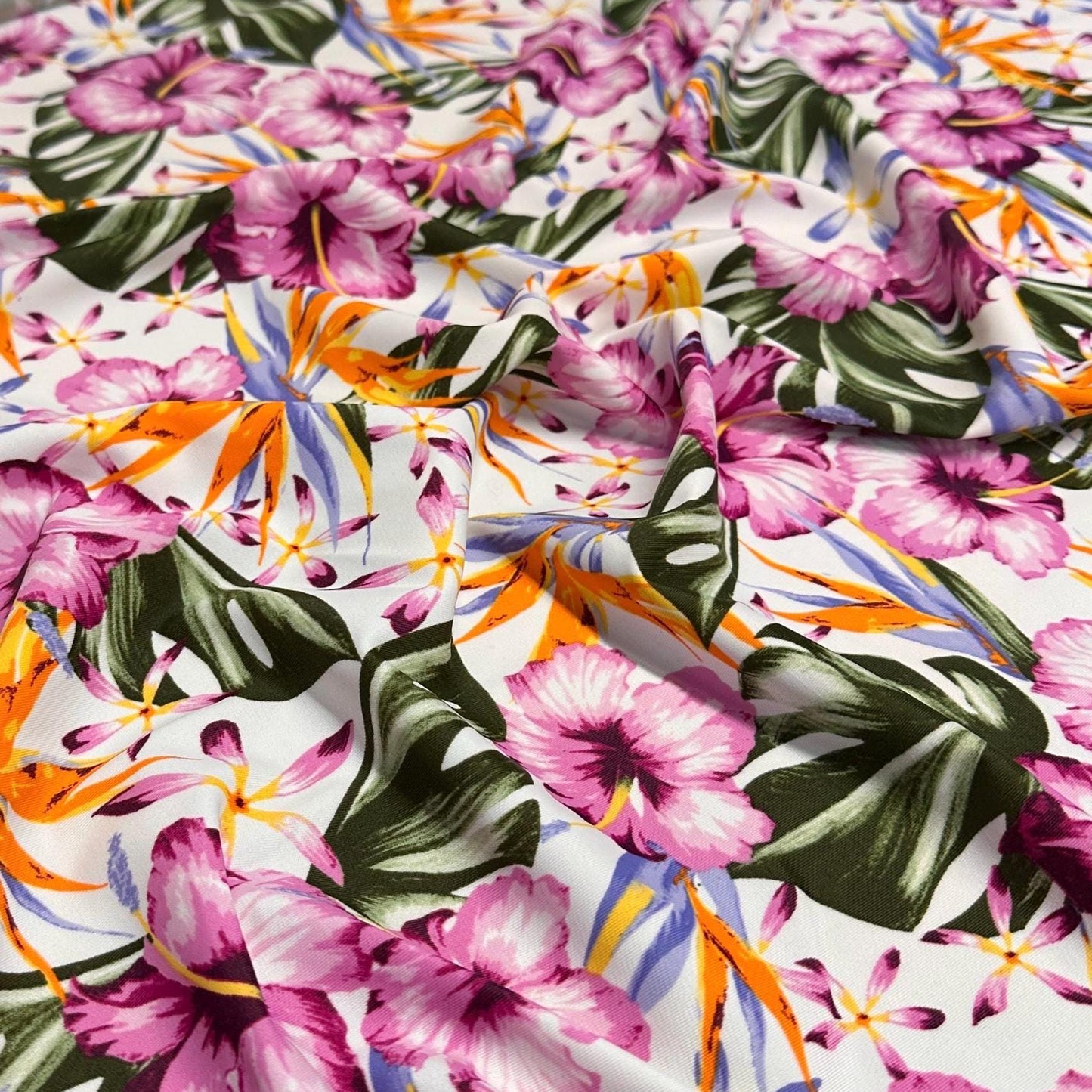 4 Way Stretch Print Nylon Spandex Fabric By The Yard Tricot Swim Wear Bikini Active Wear Bird Of Paradise Tropical Floral Hibiscus