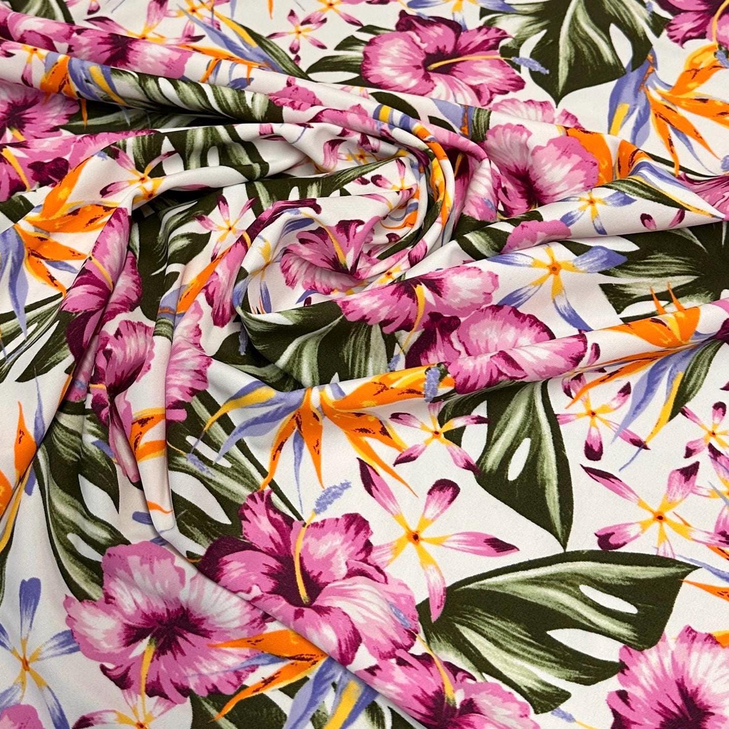 4 Way Stretch Print Nylon Spandex Fabric By The Yard Tricot Swim Wear Bikini Active Wear Bird Of Paradise Tropical Floral Hibiscus