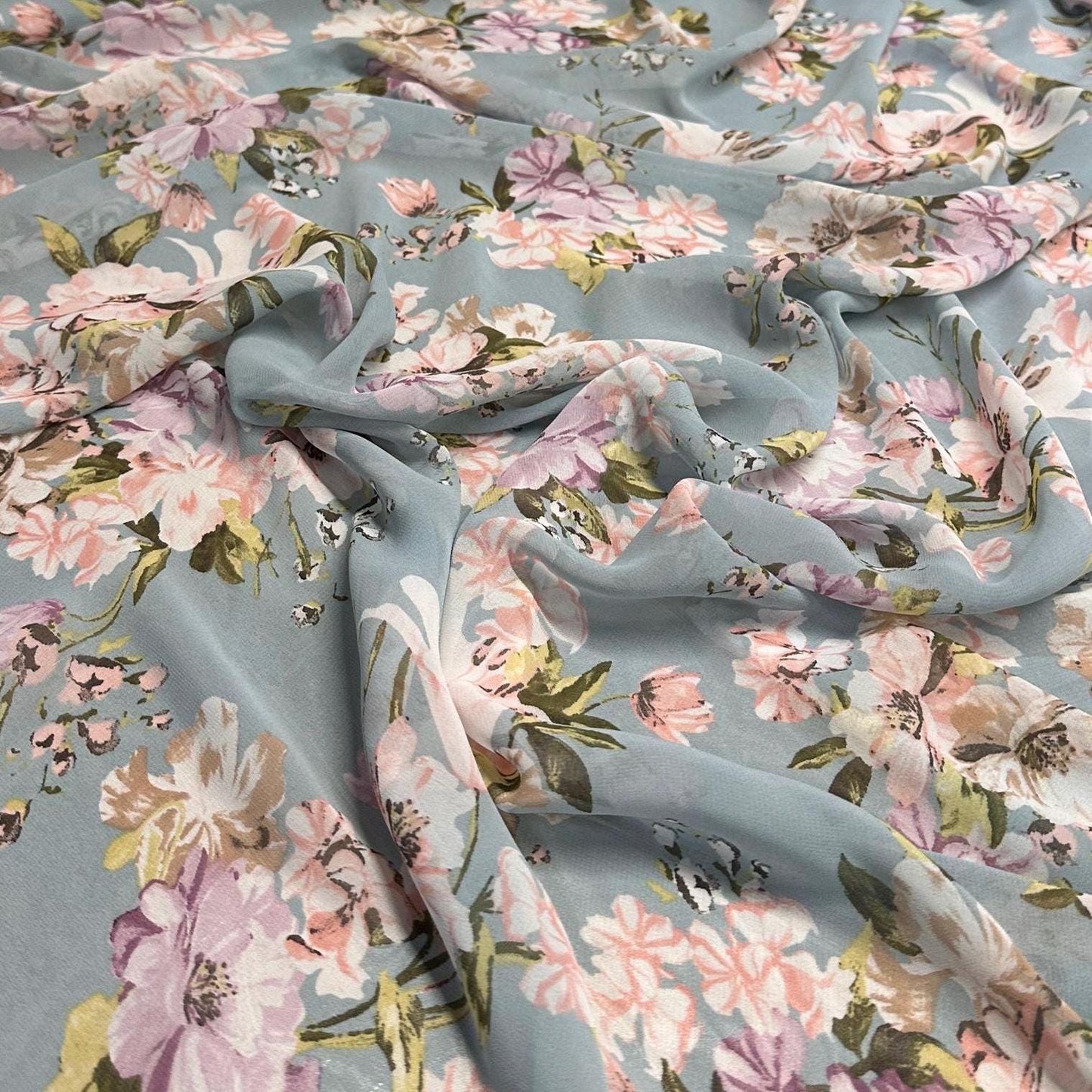 Polyester Chiffon Woven Print Fabric By The Yard Denim Blue Flower Summer Floral Print Summer Flowy Dress