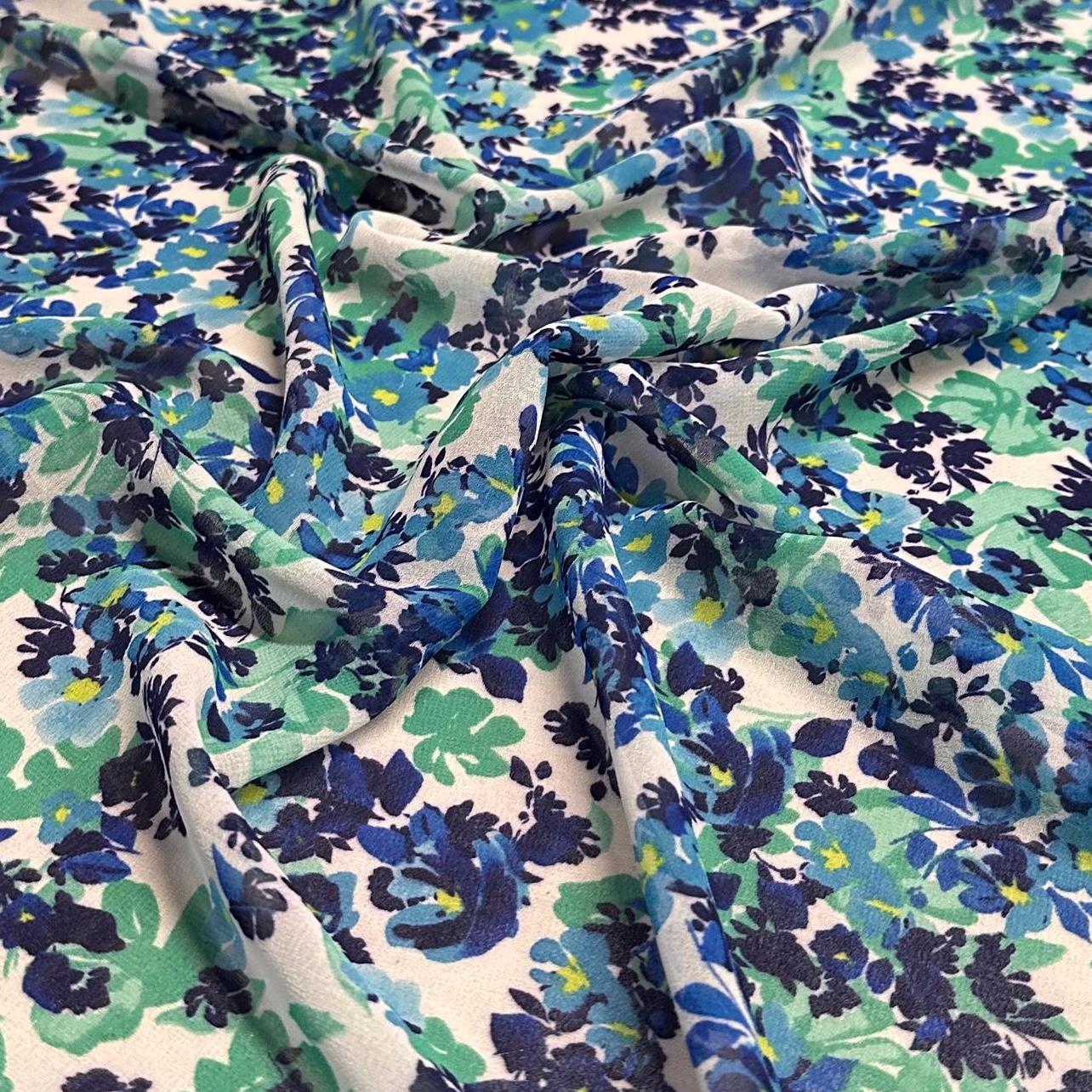 Polyester Chiffon Woven Print Fabric By The Yard Blue Flower Summer Floral Print Summer Flowy Dress