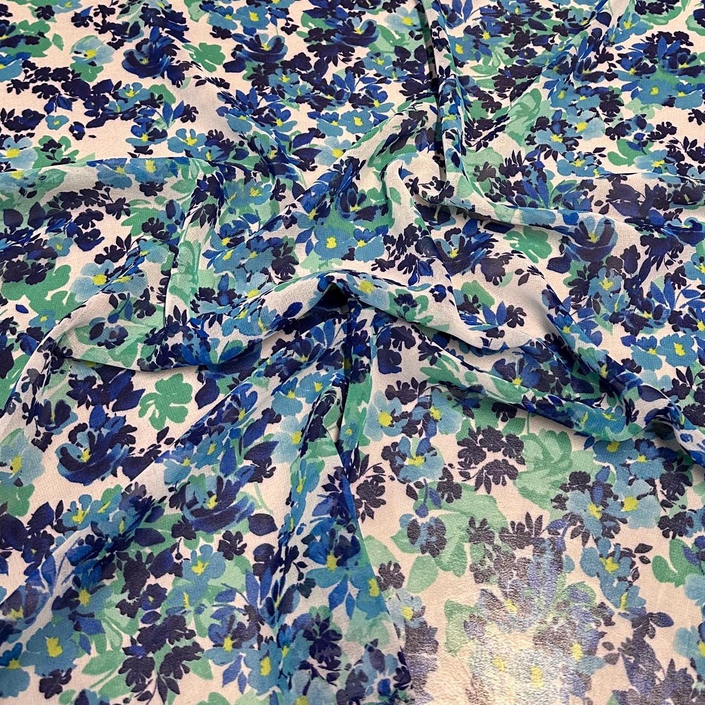 Polyester Chiffon Woven Print Fabric By The Yard Blue Flower Summer Floral Print Summer Flowy Dress