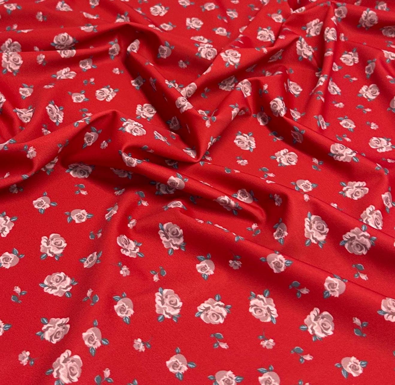 4 Way Stretch Print Nylon Spandex Fabric By The Yard Tricot Swim Wear Bikini Active Wear Small Flower Floral Red Mauve Rose