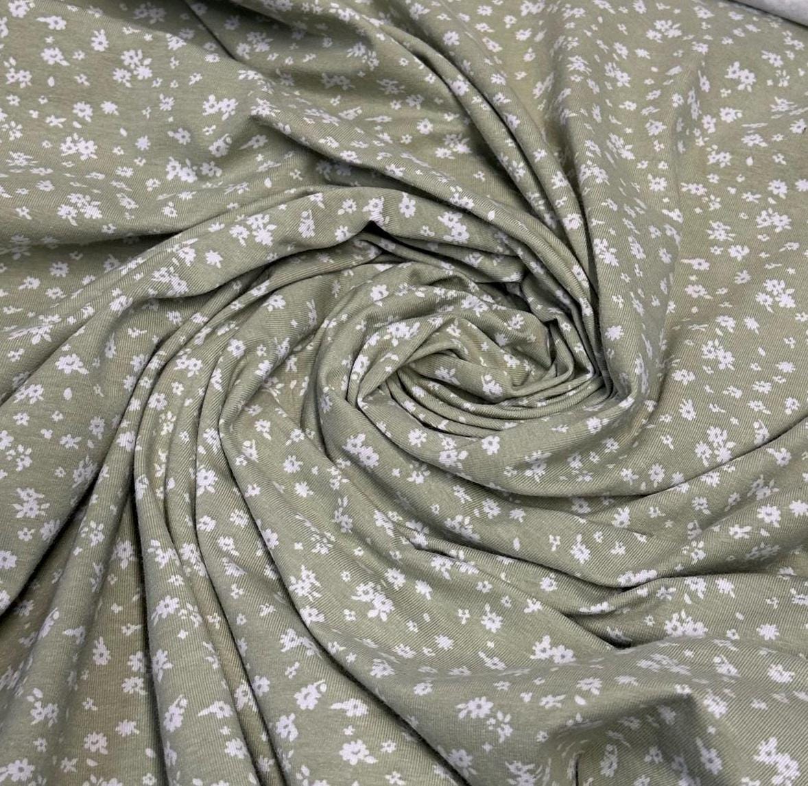Cotton Spandex Sage White Ditsy Small Floral Print Fabric By The Yard Mini Flower Print