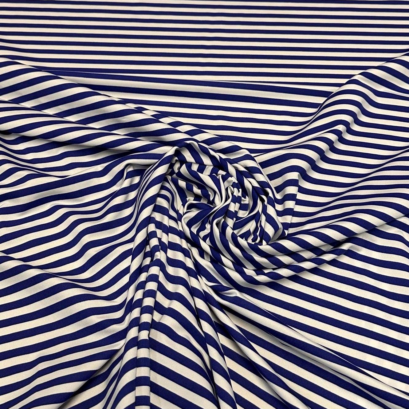 4 Way Stretch Print Nylon Spandex Fabric By The Yard Tricot Swim Wear Bikini Active Wear 1/4 Inch Classic Stripe Royal Blue White