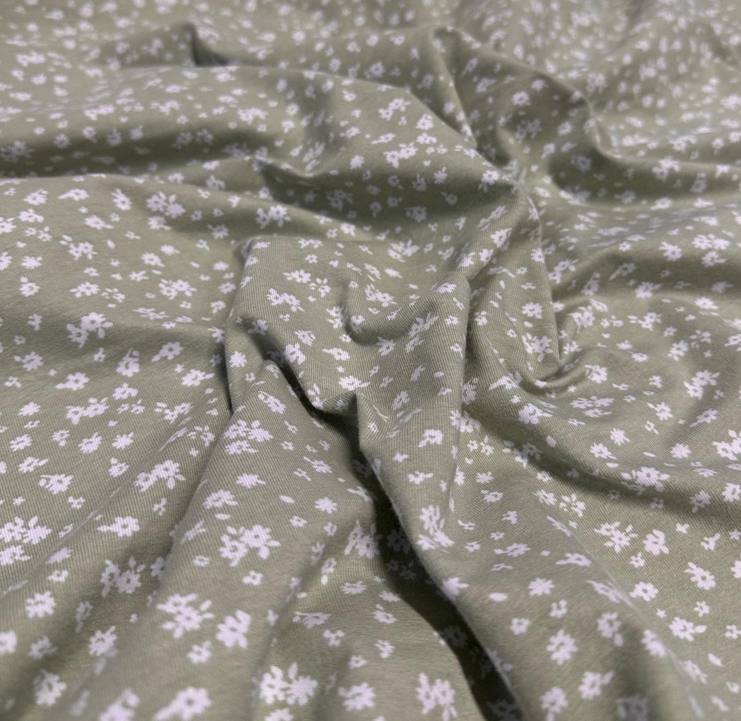 Cotton Spandex Sage White Ditsy Small Floral Print Fabric By The Yard Mini Flower Print