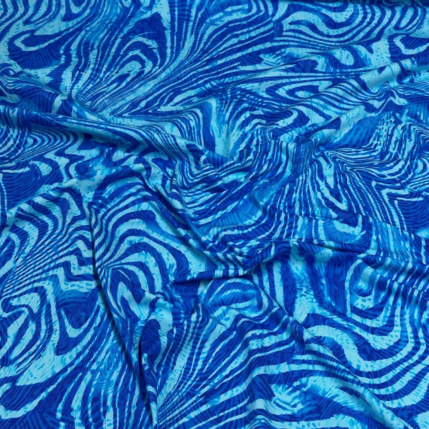 4 Way Stretch Print Nylon Spandex Fabric By The Yard Tricot Swim Wear Bikini Active Wear Aqua Royal Blue Hazy Abstract Swirl