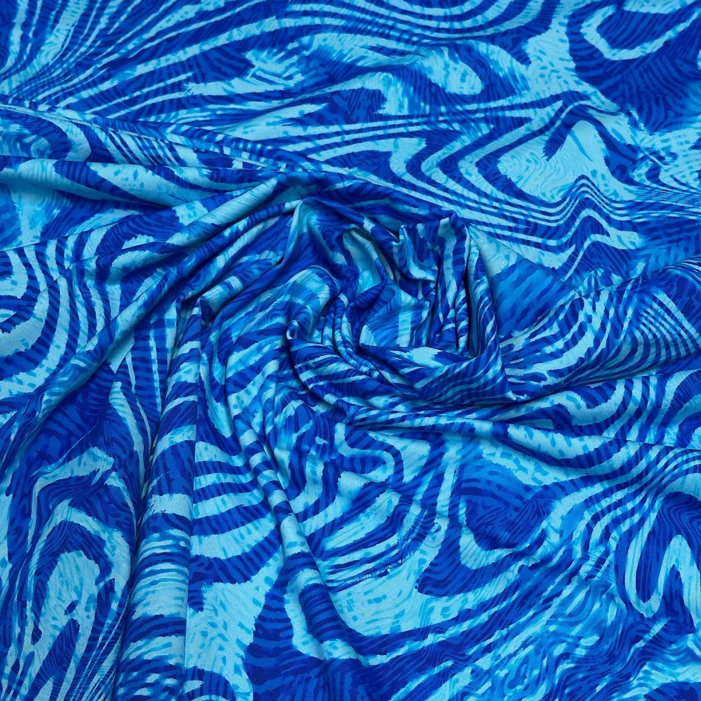 4 Way Stretch Print Nylon Spandex Fabric By The Yard Tricot Swim Wear Bikini Active Wear Aqua Royal Blue Hazy Abstract Swirl