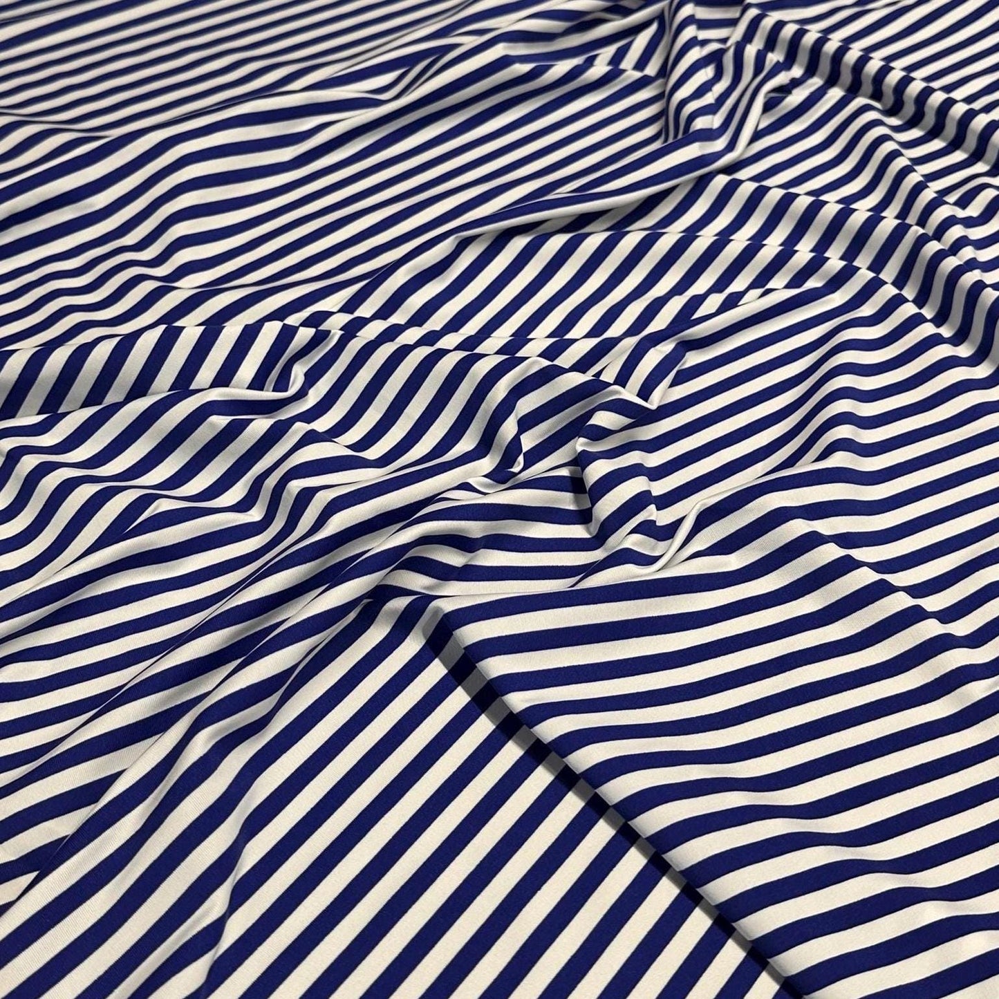 4 Way Stretch Print Nylon Spandex Fabric By The Yard Tricot Swim Wear Bikini Active Wear 1/4 Inch Classic Stripe Royal Blue White
