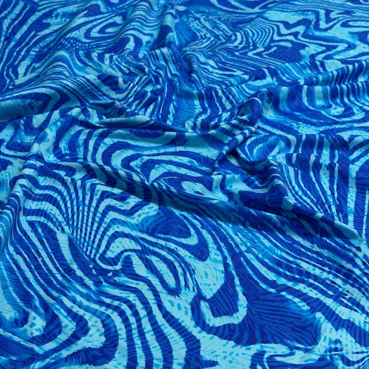 4 Way Stretch Print Nylon Spandex Fabric By The Yard Tricot Swim Wear Bikini Active Wear Aqua Royal Blue Hazy Abstract Swirl
