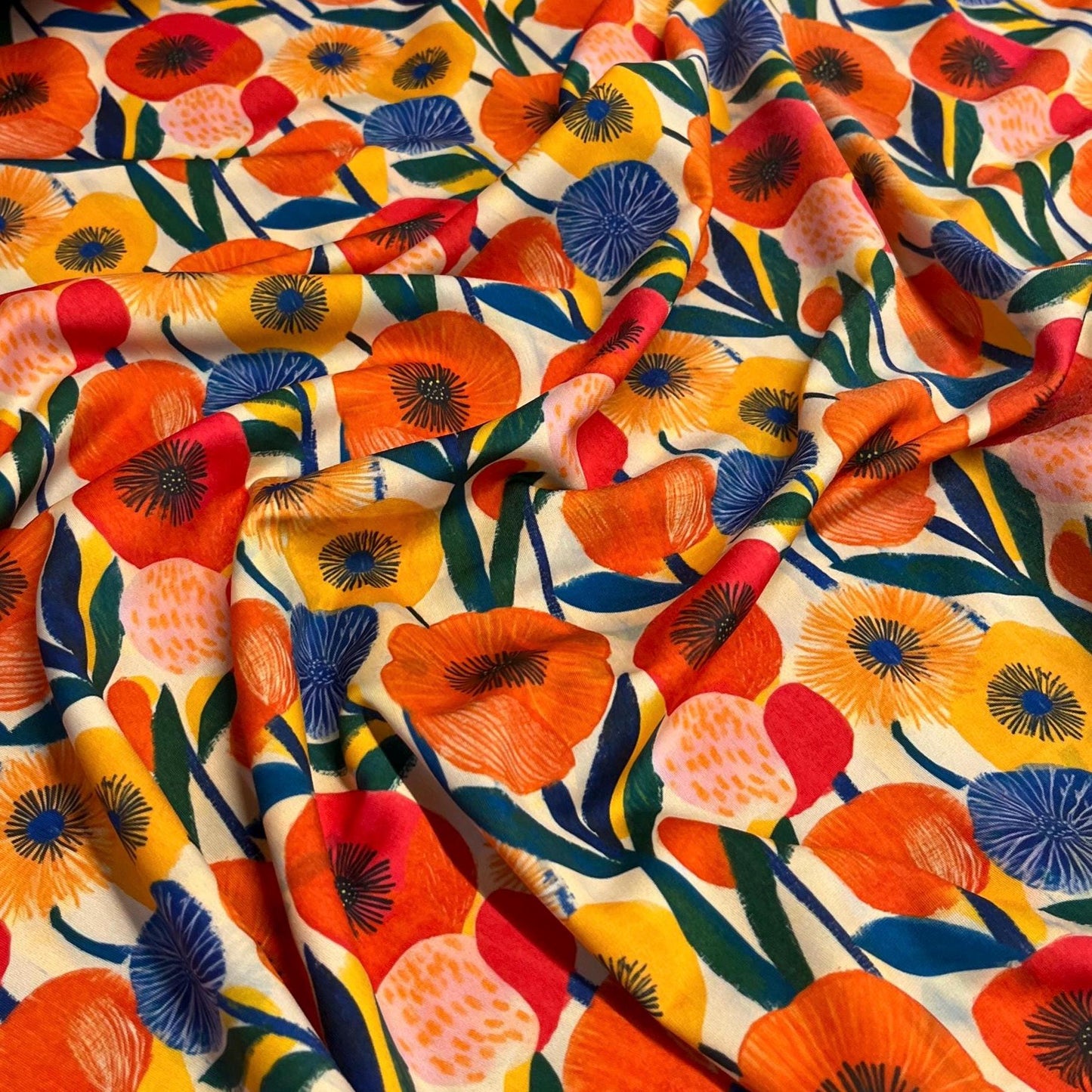 4 Way Stretch Print Spandex Fabric By The Yard Tricot Swim Wear Bikini Abstract Vibrant Bold Multicolor Floral Orange Red Flower