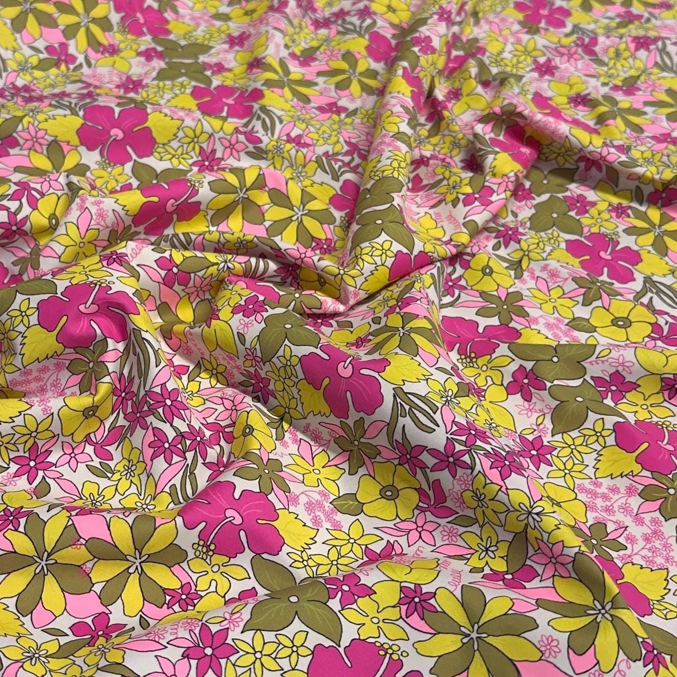 4 Way Stretch Print Nylon Spandex Fabric By The Yard Tricot Swim Wear Bikini Active Wear Yellow Multicolor Daisy 70s Retro Vintage