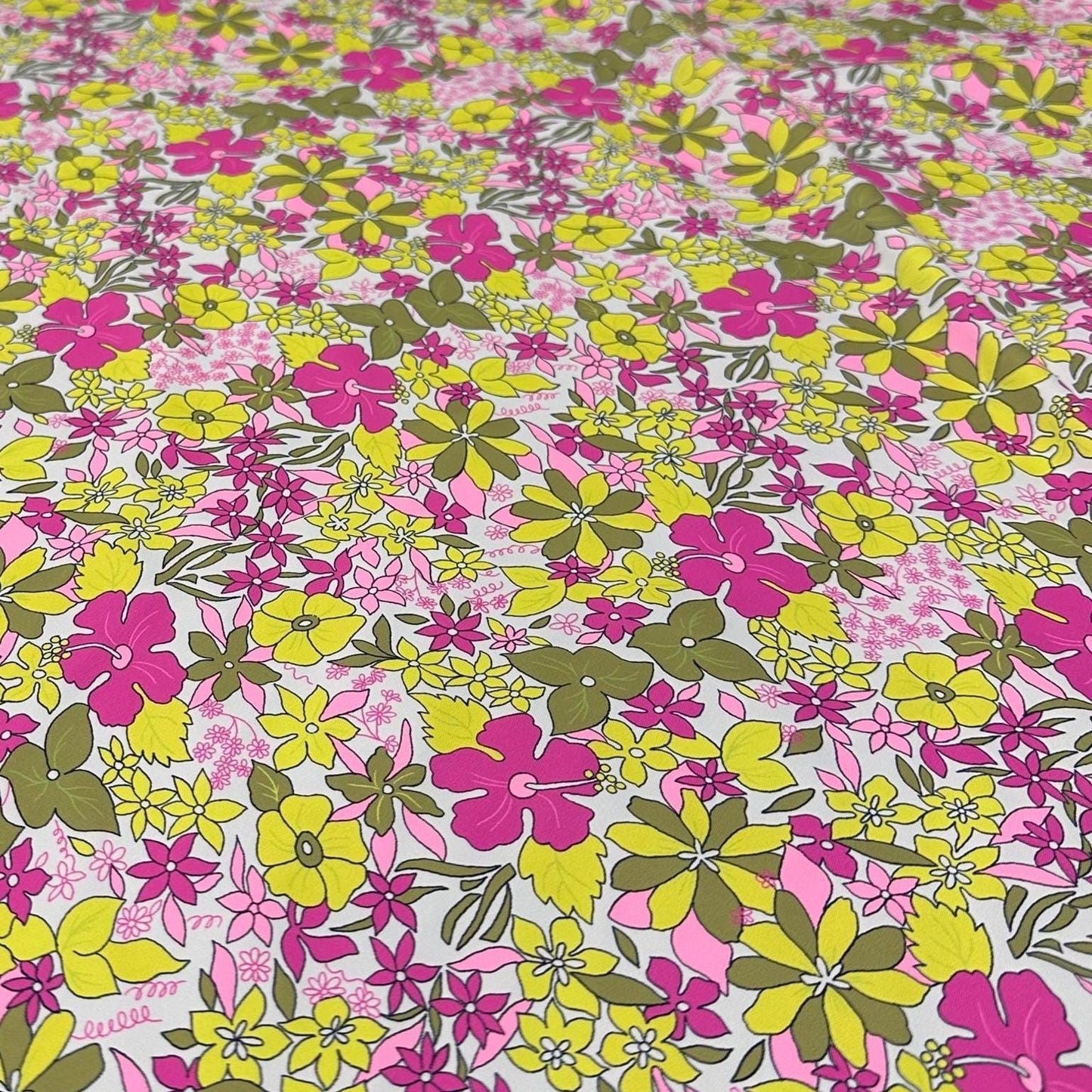 4 Way Stretch Print Nylon Spandex Fabric By The Yard Tricot Swim Wear Bikini Active Wear Yellow Multicolor Daisy 70s Retro Vintage
