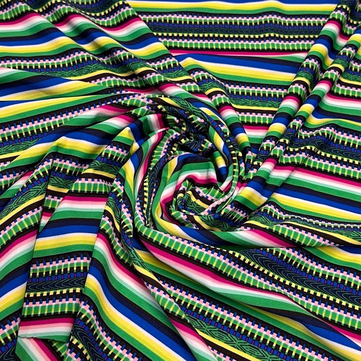 4 Way Stretch Print Nylon Spandex Fabric By The Yard Tricot Swim Wear Bikini Active Wear Multi Color Stripe Geometric Green Blue Rustic