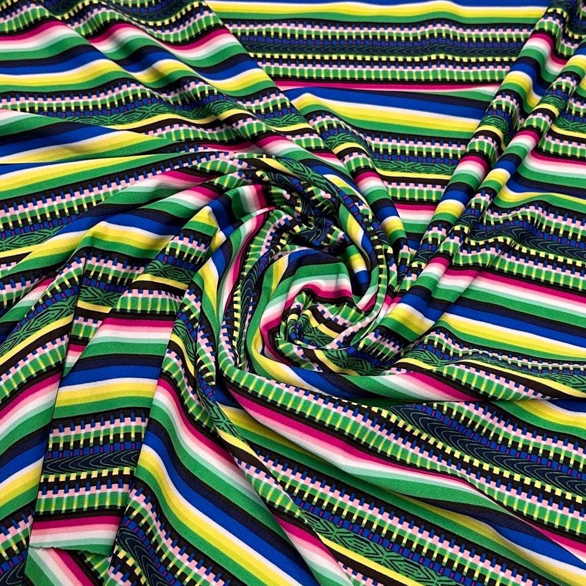 4 Way Stretch Print Nylon Spandex Fabric By The Yard Tricot Swim Wear Bikini Active Wear Multi Color Stripe Geometric Green Blue Rustic