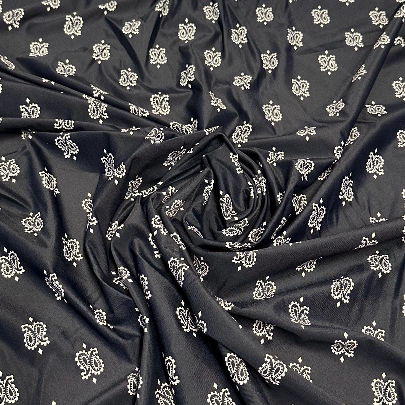 4 Way Stretch Print Nylon Spandex Fabric By The Yard Tricot Swim Wear Bikini Active Wear Black Paisley Print Bandanna