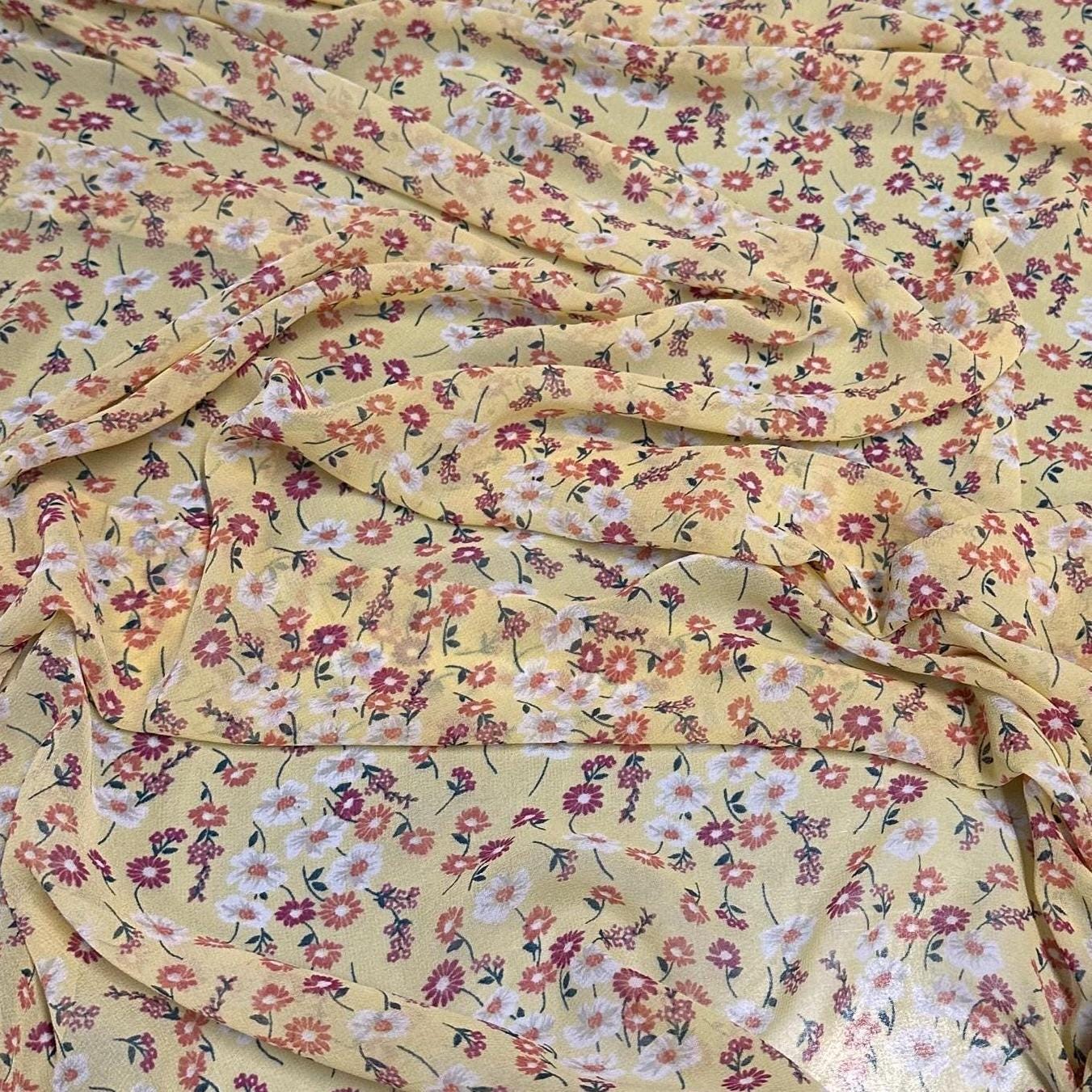 Polyester Chiffon Woven Print Fabric By The Yard Small Mini Yellow Summer Floral Print
