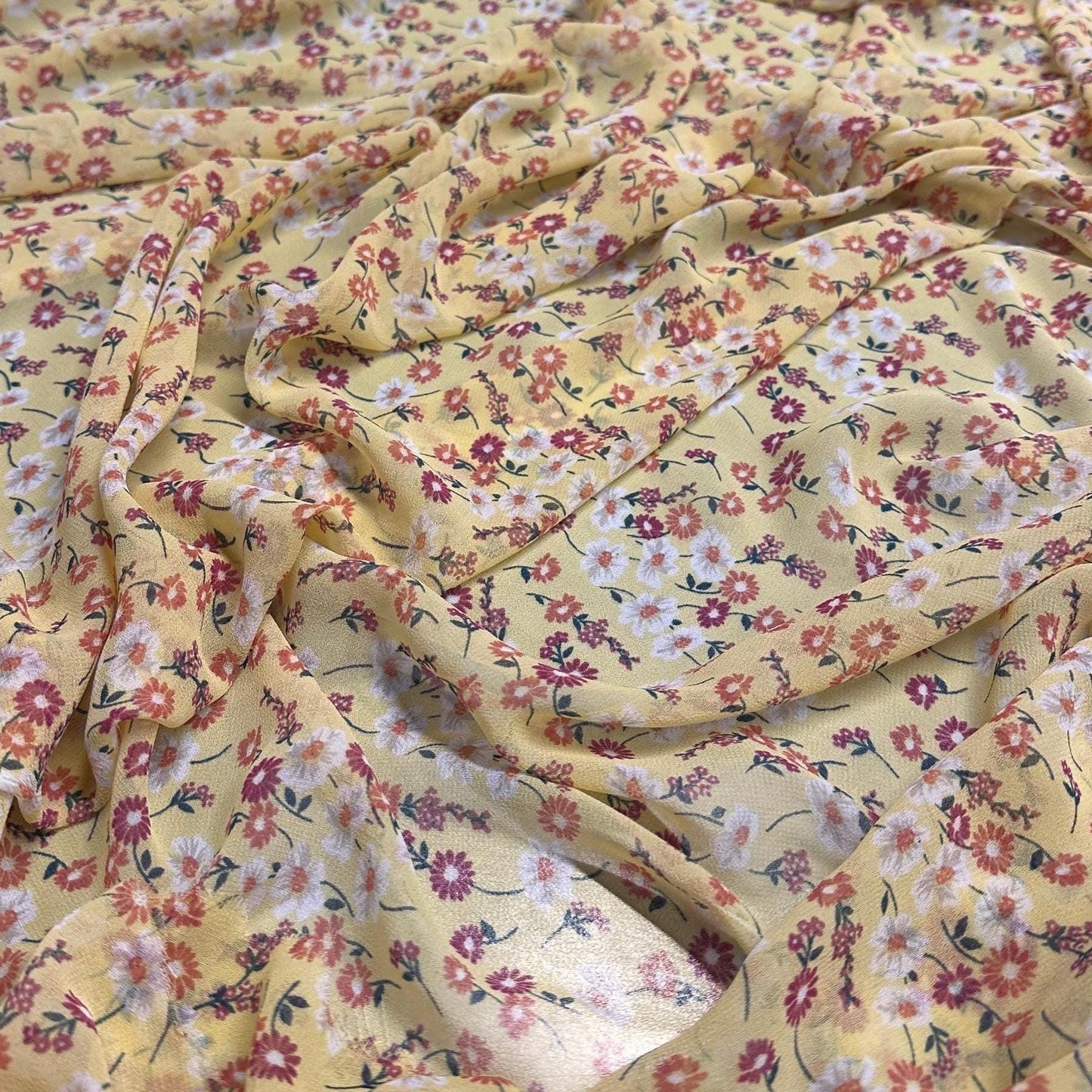 Polyester Chiffon Woven Print Fabric By The Yard Small Mini Yellow Summer Floral Print
