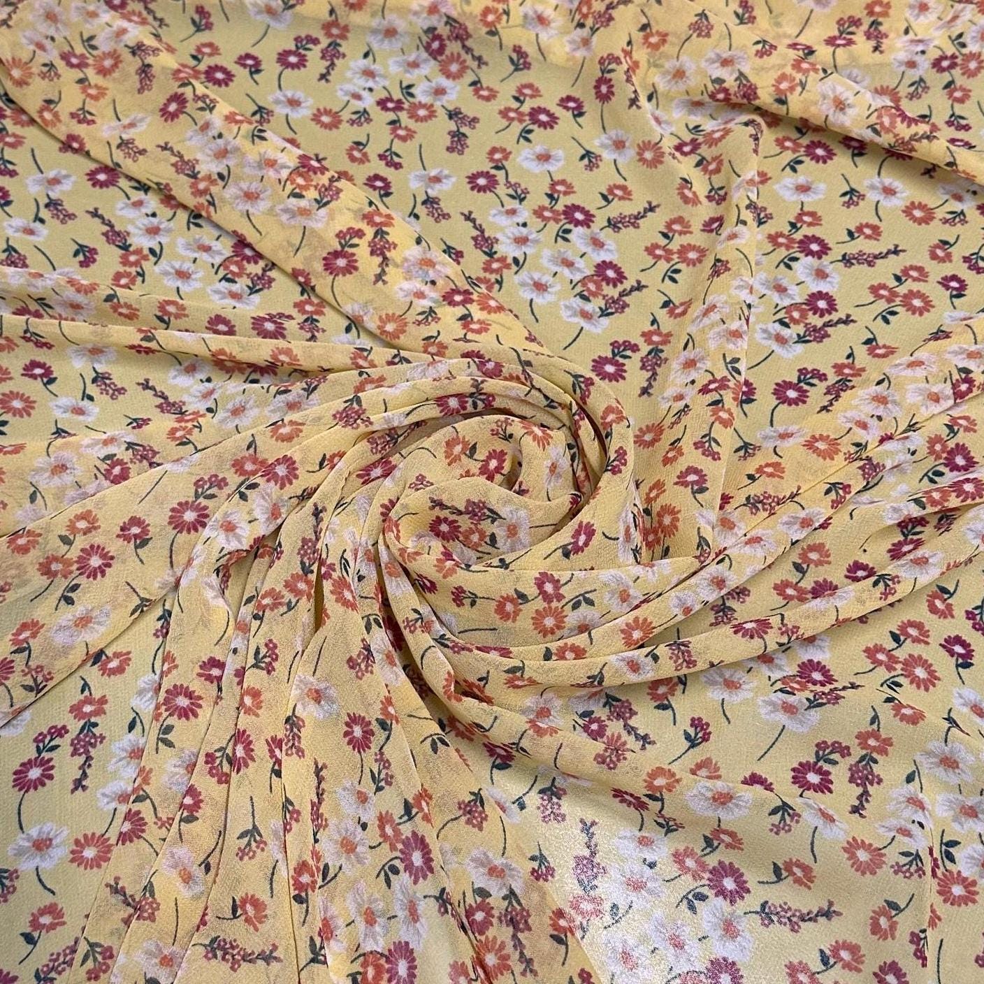 Polyester Chiffon Woven Print Fabric By The Yard Small Mini Yellow Summer Floral Print