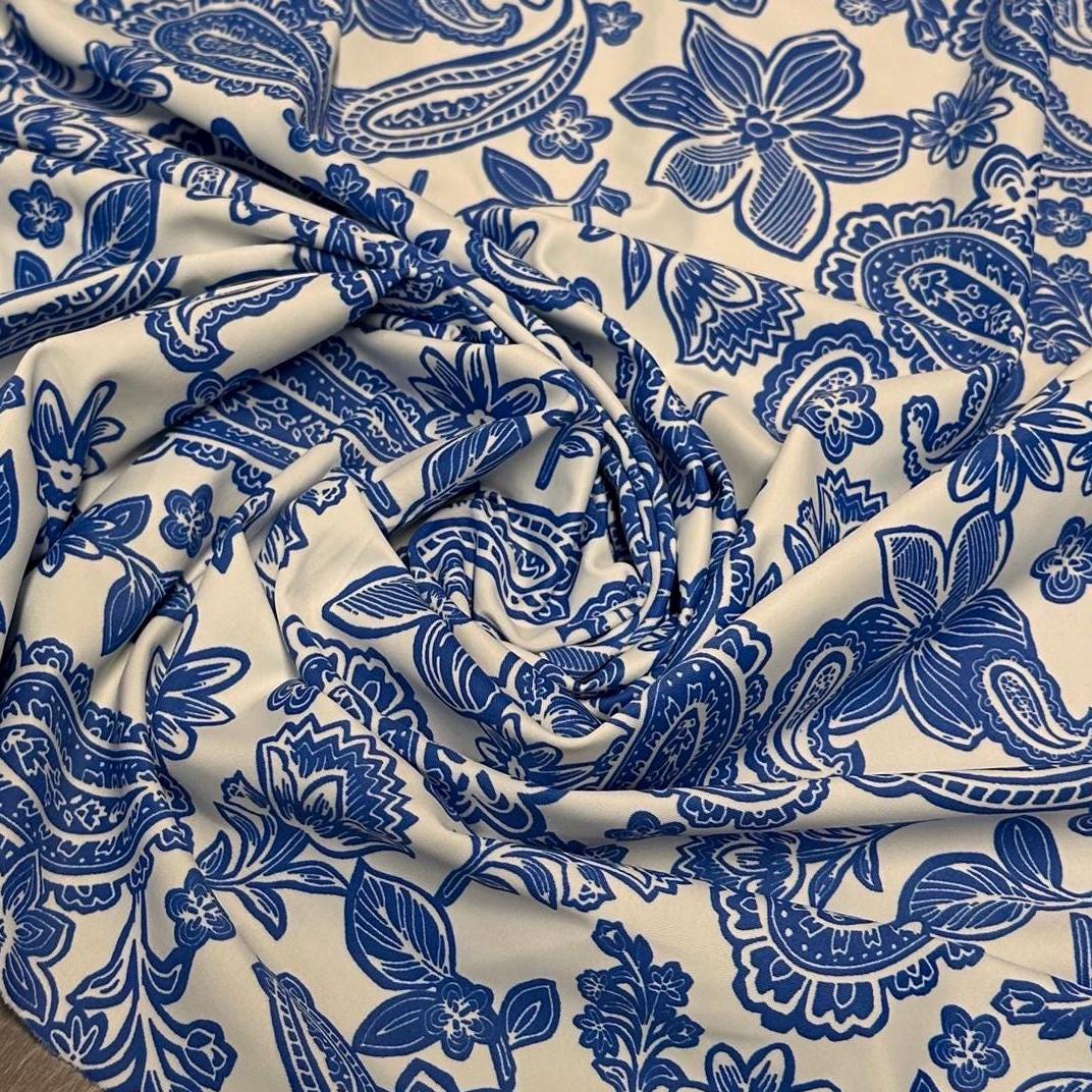4 Way Stretch Print Nylon Spandex Fabric By The Yard Tricot Swim Wear Bikini Active Wear Paisley Shapes Floral Flower Blue Red
