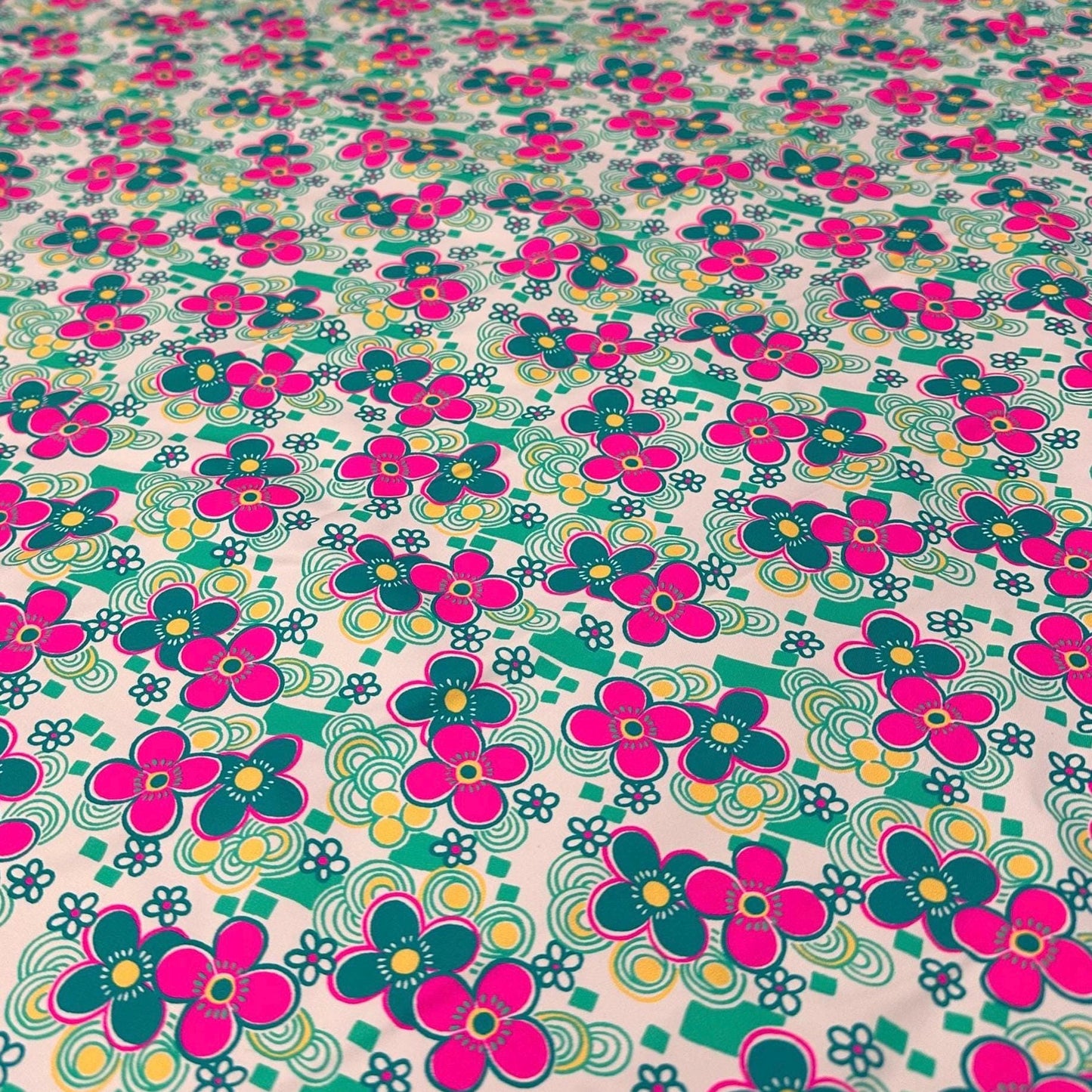 4 Way Stretch Print Nylon Spandex Fabric By The Yard Tricot Swim Wear Bikini Active Wear Jade Pink Multicolor Daisy 70s Retro Vintage