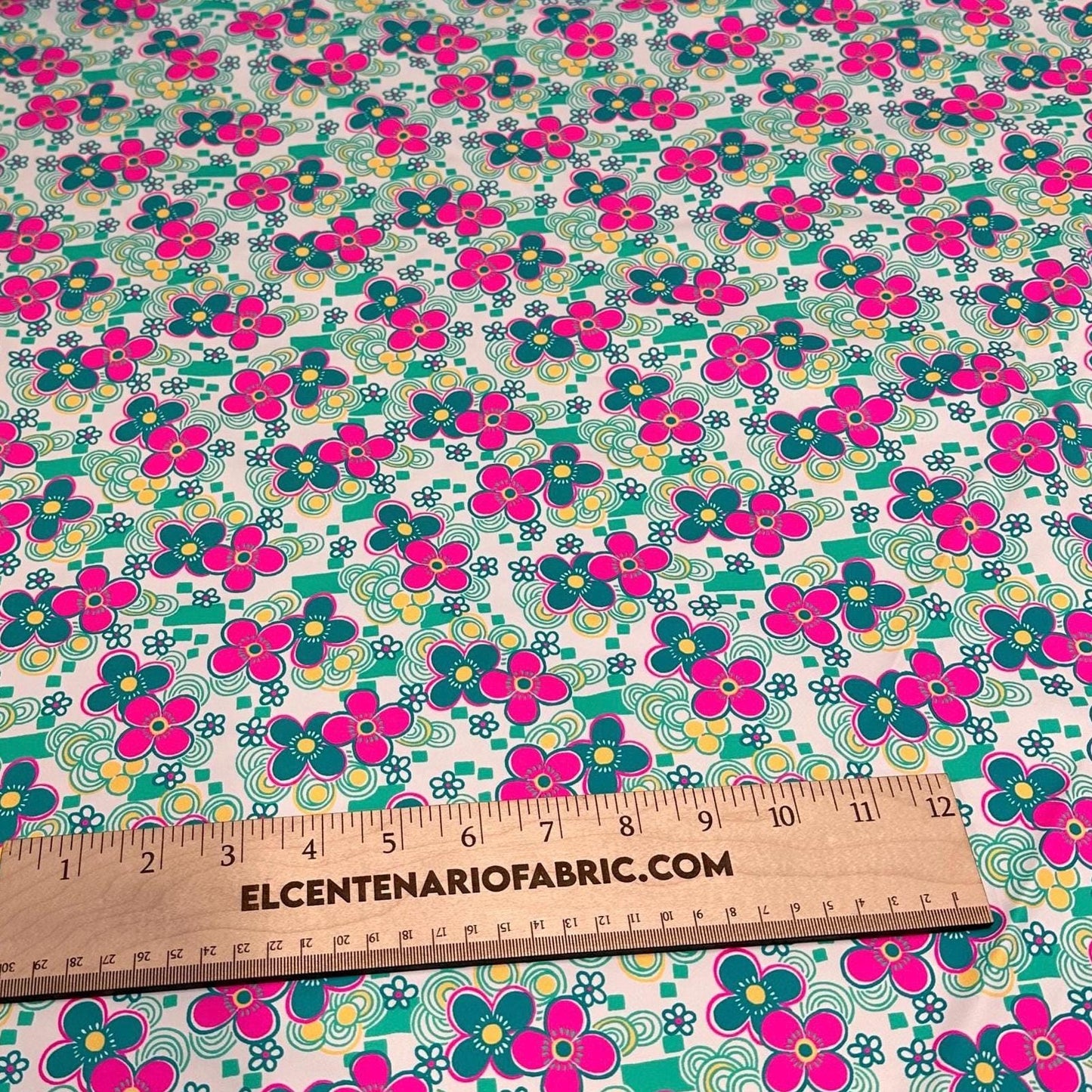 4 Way Stretch Print Nylon Spandex Fabric By The Yard Tricot Swim Wear Bikini Active Wear Jade Pink Multicolor Daisy 70s Retro Vintage